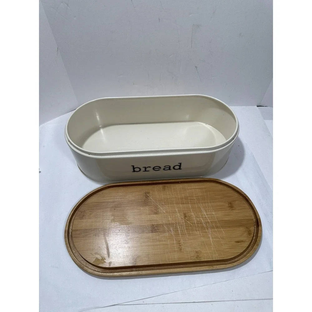 SveBake Bread Box Metal With Bamboo Top Cutting Board Lid Beautiful 